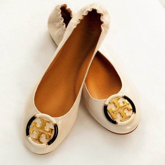 Tory Burch Shoes - Tory Burch Enamel Logo Leather Ballet Flats RICE PAPER Gold Heel Details